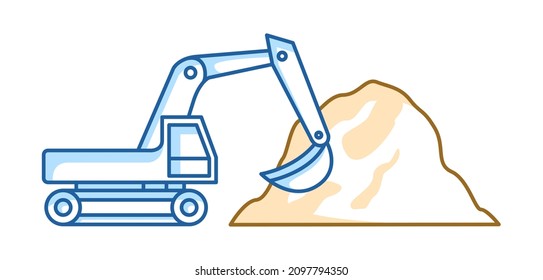 Excavator digging sand quarry, heavy machinery mining on sand pit concept, isolated on white background.