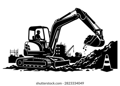 Excavator digging soil at construction site with operator inside cabin and buildings in background