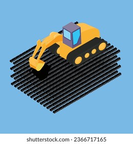 An excavator digging through a binary code as a metaphor for data mining 3d vector illustration concept for banner, website, illustration, landing page, flyer, etc
