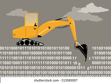 An excavator digging through a binary code as a metaphor for data mining, EPS 8 vector illustration