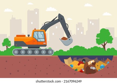excavator digs garbage. waste compost. cesspool. flat vector illustration.