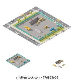 Excavator digs a pit on the construction site isometric icon set vector graphic illustration design