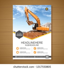 Excavator Or Dozer Cover A4 Template For Construction Brochure Design, Flyer, Leaflets Decoration For Printing And Presentation Vector Illustration