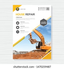Excavator or dozer cover A4 template and flat icons for construction brochure design, flyer, leaflets decoration for printing and presentation vector illustration