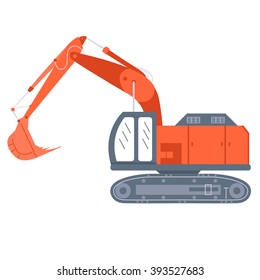 Excavator, drawing in flat color style, isolated on white background. Transportation icon. Equipment for mining industry. Building truck icon. Digger silhouette, logo.