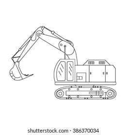 Excavator, drawing in linear style, isolated on white background.Transportation icon. Equipment for mining industry. Building truck icon. Digger silhouette, logo.