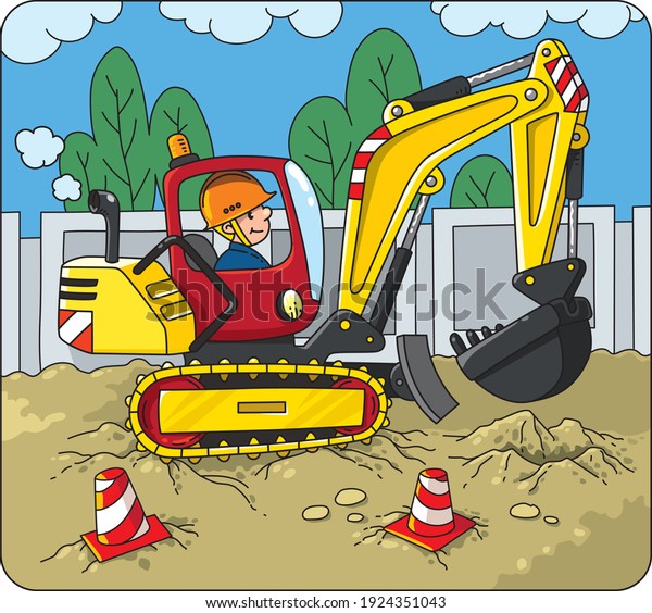 Excavator with a driver, construction worker.\
Vector cartoon for kids. Small funny cute car with an operator.\
Children illustration. Heavy\
machinery