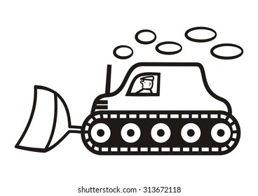 excavator with driver, man, coloring book, vector illustration, hand drawing