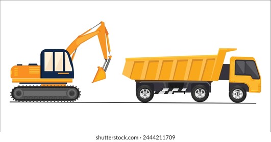 Excavator and dump truck | Construction machinery | Isolated vector illustrations set on white background	