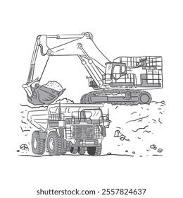 excavator and dump truck load material in sketch vector