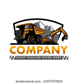 Excavator and dump truck logo design for construction company, heavy equipment work, transportation vehicle mining	