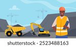 Excavator and dump truck working at coal mine. Open pit mine or quarry, extraction machinery. African American Woman engineer in orange protective helmet on the foreground. Vector illustration