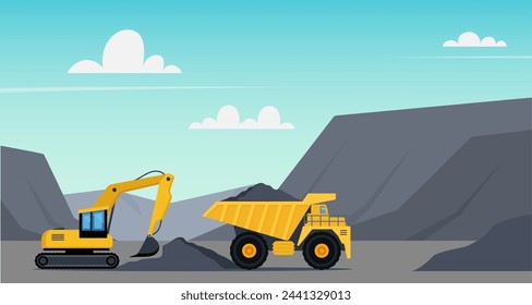 Excavadora y camión volquete trabajando en la mina de carbón. Mina o cantera a cielo abierto, maquinaria de extracción. Maquinaria pesada de excavadora de ruedas que se llena con materiales de carbón en un camión. Ilustración de vector