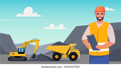 Excavadora y camión volquete trabajando en la mina de carbón. Mina o cantera a cielo abierto, maquinaria de extracción. Hombre ingeniero en casco protector naranja en primer plano. Ilustración de vector