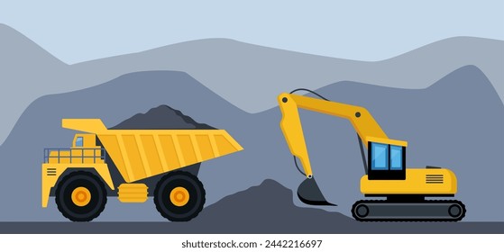 Excavator and dump truck working at coal mine. Open pit mine or quarry, extraction machinery. Heavy machinery of wheeled excavator filling with coal materials on a truck. Vector illustration