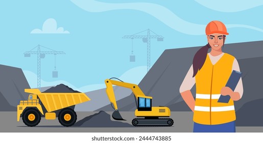 Excavator and dump truck working at coal mine. Open pit mine or quarry, extraction machinery. Woman engineer in orange protective helmet on the foreground. Vector illustration