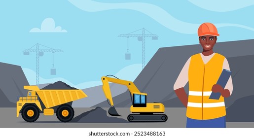 Excavator and dump truck working at coal mine. Open pit mine or quarry, extraction machinery. African American Woman engineer in orange protective helmet on the foreground. Vector illustration