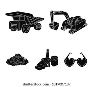 Excavator, dumper, processing plant, minerals and ore.Mining industry set collection icons in black style vector symbol stock illustration web.