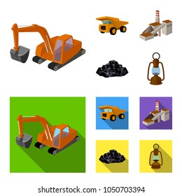 Excavator, dumper, processing plant, minerals and ore.Mining industry set collection icons in cartoon,flat style vector symbol stock illustration web.