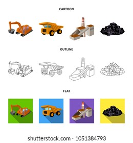 Excavator, dumper, processing plant, minerals and ore.Mining industry set collection icons in cartoon,outline,flat style vector symbol stock illustration web.