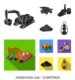 Excavator, dumper, processing plant, minerals and ore.Mining industry set collection icons in black, flat style vector symbol stock illustration web.