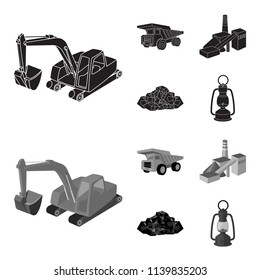 Excavator, dumper, processing plant, minerals and ore.Mining industry set collection icons in black,monochrom style vector symbol stock illustration web.