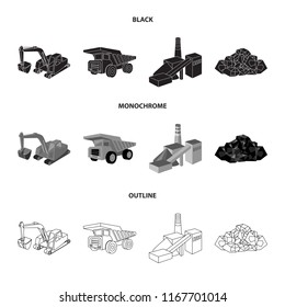 Excavator, dumper, processing plant, minerals and ore.Mining industry set collection icons in black,monochrome,outline style vector symbol stock illustration web.