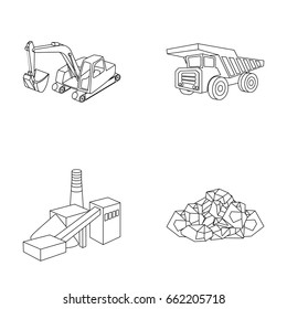 Excavator, dumper, processing plant, minerals and ore.Mining industry set collection icons in outline style vector symbol stock illustration web.