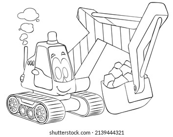 Excavator. Element for coloring page. Cartoon style.