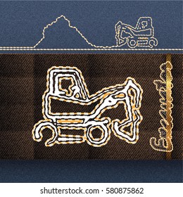 Excavator embroidery machine stylized icon. Vector eps 10.