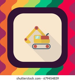 excavator flat icon with long shadow, vector illustration 