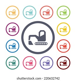 excavator flat icons set. Open round colorful buttons. Vector 