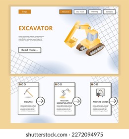 Excavator flat landing page website template. Pickaxe, master manipulator, ampere meter. Web banner with header, content and footer. Vector illustration.