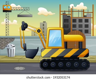 A excavator in front of the construction site illustration