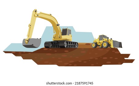 Excavator and grader with ground bacground.Set of tracked building machinery. Vector illustration of heavy industrial equipment.