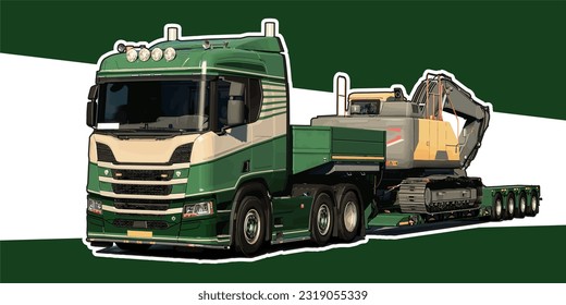 Excavator Green Truck Trailer Vector