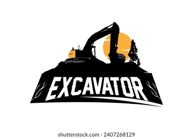 Excavator ground sunset tree,logo design vector