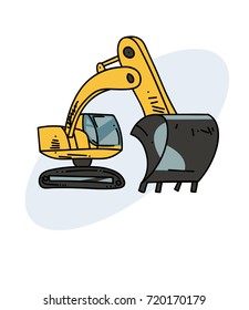 Excavator hand drawn cartoon image. Freehand artistic illustration.