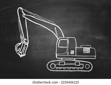 An excavator hand drawn in chalk on a blackboard. isolated vector graphic.
