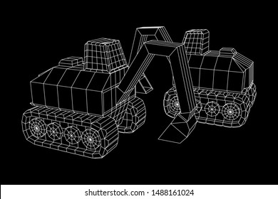 Excavator heavy equipment construction company. Wireframe low poly mesh vector illustration