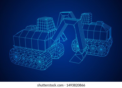 Excavator heavy equipment construction company. Wireframe low poly mesh vector illustration