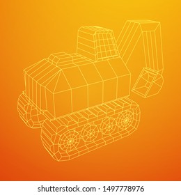 Excavator heavy equipment construction company. Wireframe low poly mesh vector illustration