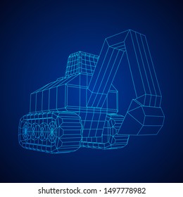 Excavator heavy equipment construction company. Wireframe low poly mesh vector illustration