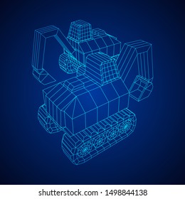 Excavator heavy equipment construction company. Wireframe low poly mesh vector illustration