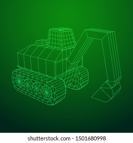 Excavator heavy equipment construction company. Wireframe low poly mesh vector illustration