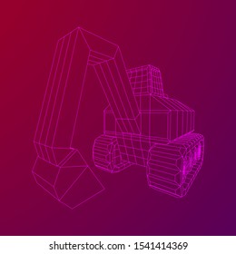 Excavator heavy equipment construction company. Wireframe low poly mesh vector illustration