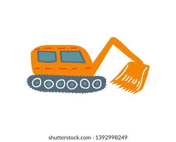 Excavator, Heavy Industrial Construction Machinery, Side View, Cartoon Vector Illustration