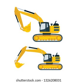 Excavator. Heavy excavator on caterpillar base. Vector illustration.
Flat style construction machine icon.