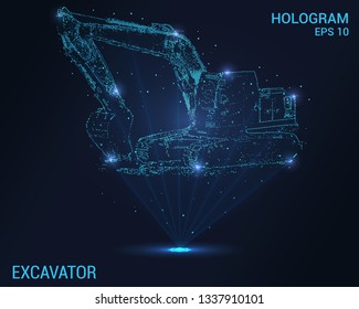 Excavator hologram. Digital and technological background of the excavator. The futuristic design of the excavator