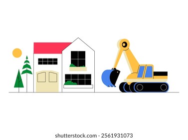 Excavator With House In Flat Vector Illustration Symbolizing Construction, Demolition, And Urban Development, Isolated On White Background